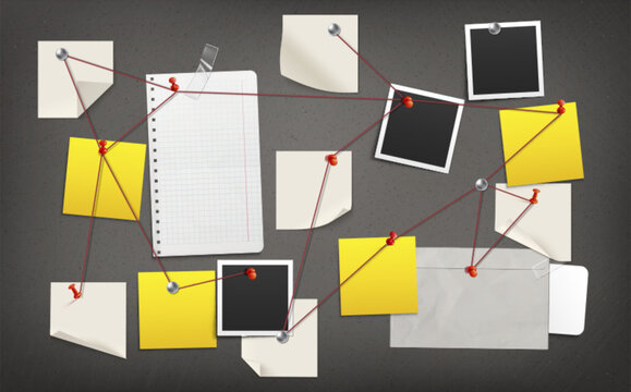 Detective investigation board with crime evidence and post it notes, photo frames, pins and red string connecting clues, blackboard background. 3d realistic vector illustration of police case analysis