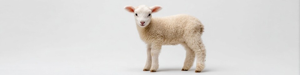 Adorable baby lamb standing against white background