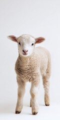 Fototapeta premium Adorable fluffy lamb standing against white background