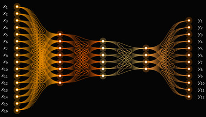 Editable Neural Network Visualization with 8 Inputs, 8 Outputs and 5 Hidden Layers, Glowing Gold and Amber Abstract Data Flow for Artificial Intelligence and Machine Learning Concepts