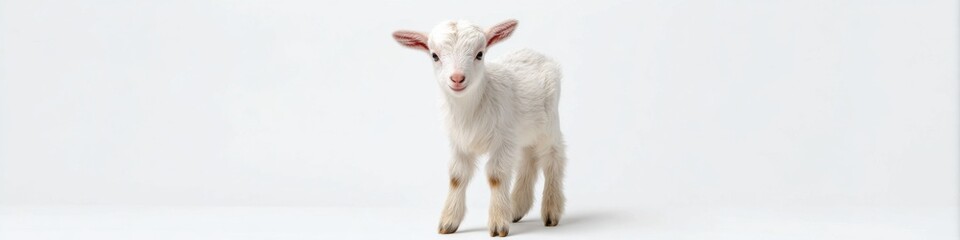 Obraz premium Adorable young white goat kid standing in minimalist studio setting