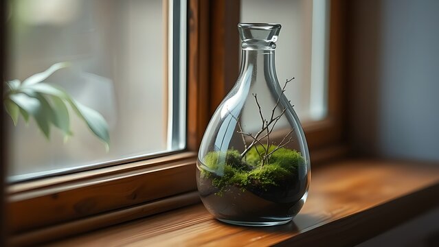 carboy. Glass carboy with a miniature ecosystem of moss on a windowsill. ESG reports, sustainability campaigns, designed for sustainability communications and ESG reporting, promotes sustainability.