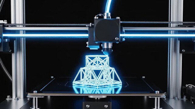 Blue Glowing Geometric Object Being 3D Printed at Night.