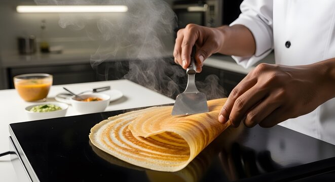 Chef Preparing Crispy Masala Dosa with Sambar and Chutney