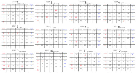 2027年 1月から12月　年間カレンダー　曜日英語
