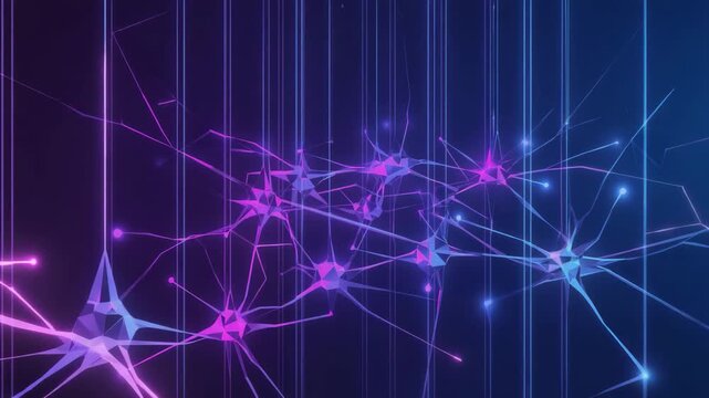 Futuristic Neural Network with Electric Data Pulses and Digital Light Streams connect through geometric lines vertical light streams fall in the background, creating an energetic digital networ