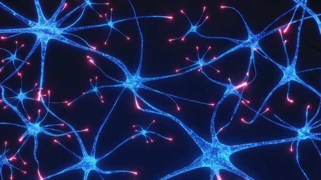 Active Neural Network with Glowing Synapses and Electric Brain Signals spreads across a dark background while numerous pink synaptic impulses flash between connections, illustrating brain activity, ne