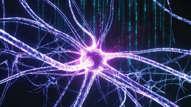 Glowing Neuron Cell with Electric Synapses radiates glowing blue branches and pulsing synaptic signals across a dark digital background with falling data lines, illustrating brain activity, neural com