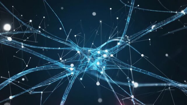 Neural Network Connections with Glowing Synapses and Digital Data Flow forming an abstract web of connected nodes that represents artificial intelligence, brain communication, big data networks