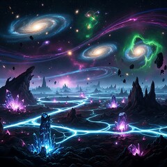 Obraz premium Cosmic Landscape with Galaxies and Crystalline Formations.