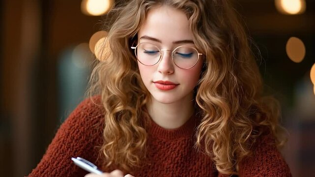 Pretty young woman with glasses writing in a notebook indoors with blurred background