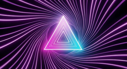 Neon triangle tunnel with vibrant purple and blue lights on black background abstract concept