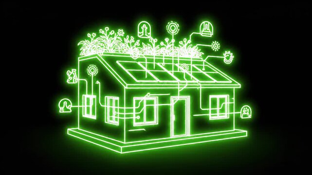 Neon Outline House Animation with Green Solar Theme.
