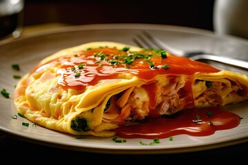 Fototapeta premium Cheese Omelette Stuffed with Pasta and Topped with Tomato Sauce