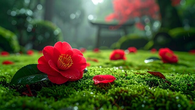寺院と石灯籠を望む椿の庭
Fallen Camellia Flowers on Moss Garden in a Kyoto Temple After Rain