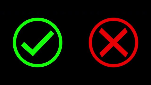 check mark and cross sign in circular frames animation symbolised green approval symbol and red rejection icon, seamless loop motion on transparent background with alpha channel for UI, feedback
