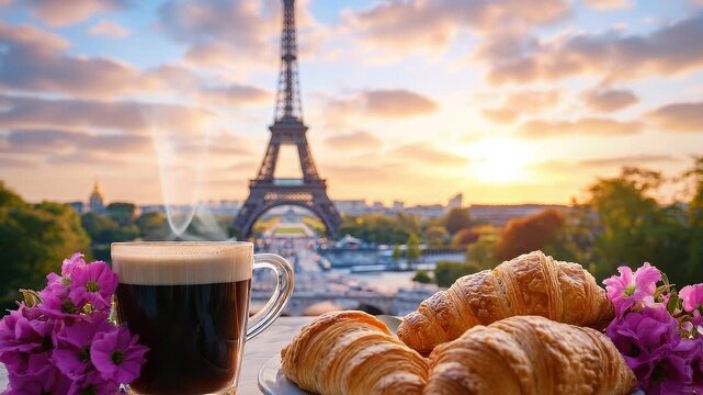 Parisian sunrise Coffee and croissants with Eiffel Tower view in the background