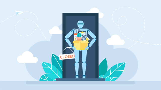Robot with office stuff box near closed door. AI office worker who just got fired. Robot with artificial intelligence who just got fired. Vector illustration