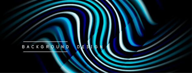 Abstract flowing lines create dynamic blue background. Modern design features smooth gradients, curves, text elements. Visually striking composition. © antishock