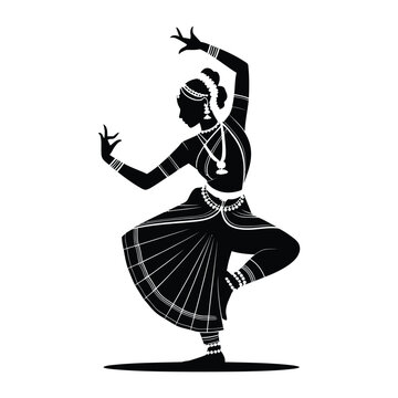 A graceful Indian classical dancer silhouette adorned with traditional jewelry poses with elegant hand gestures