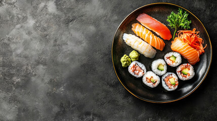 Elegant arrangement of various sushi types including nigiri, maki rolls, and sashimi on a dark plate with garnishes, set against a textured dark background