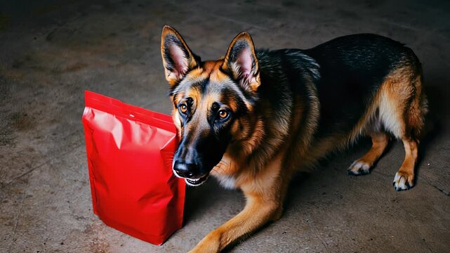 German Shepherd Dog Resting Calmly on Concrete Floor, Loyal Companion, Pet Portrait, Close-Up View, Canine Friend, Domestic Animal