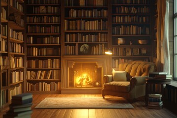 Fototapeta premium Cozy reading nook by the fireplace in a well-stocked library during evening hours
