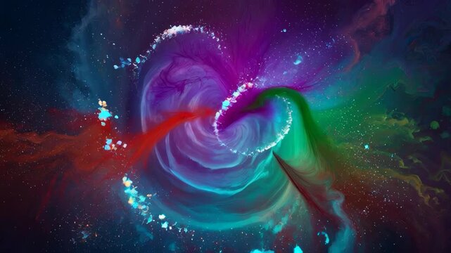 Vibrant colorful ink swirls forming a galactic vortex and cosmic explosion abstract background