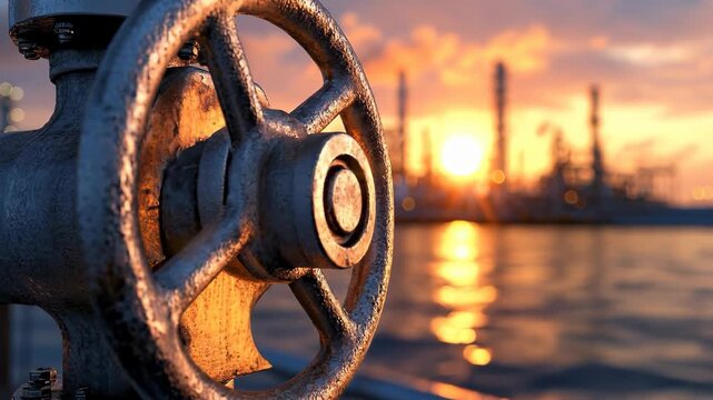 Industrial metal valve wheel in close-up with a blurred oil refinery and sea at sunset in the background