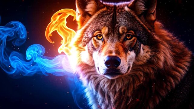 Powerful wolf emerges from contrasting blue smoke and fiery orange flames
