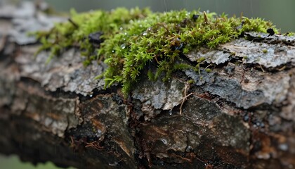 Rain Falling on Tree Bark With Green Moss