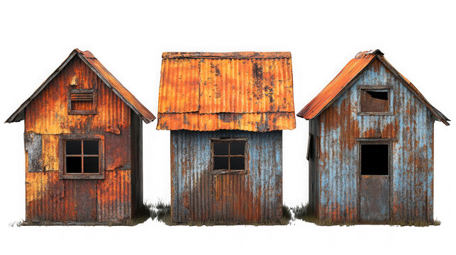 Three dilapidated corrugated metal shacks with rusty roofs isolated on transparent background
