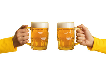beer toast: two hands holding beer mugs on white background.