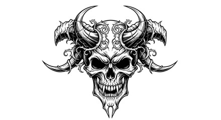 Detailed Black and White Skull Illustration with Horns. © naila