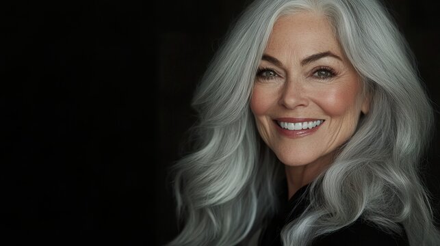 A sophisticated older woman with elegant silver-grey hair, radiant smile, timeless beauty and confidence 