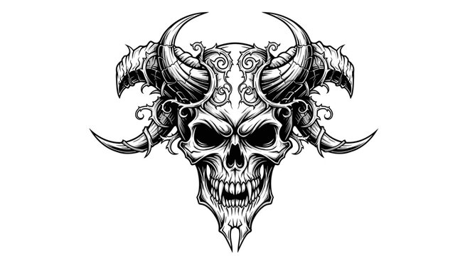 Detailed Black and White Skull Illustration with Horns.