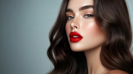 Fototapeta premium A sophisticated brunette woman with sleek, deep chocolate-colored hair, bold red lips, luxury fashion editorial style