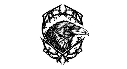 Naklejka premium Black and White Raven Head Illustration.