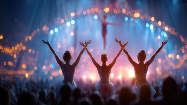 Adults cheering for acrobats in colorful circus setting with blurred background