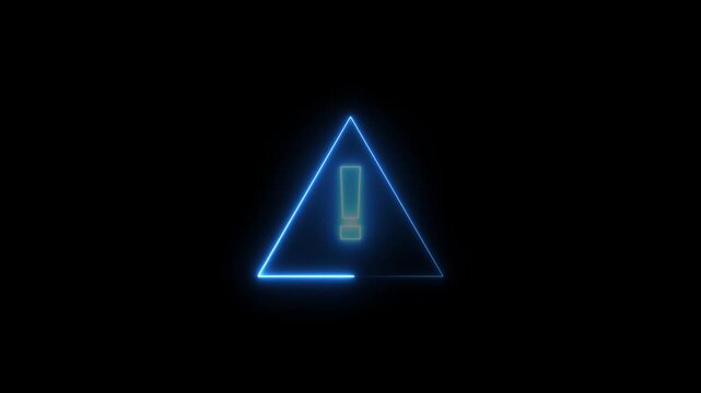 Animation of glowing neon Warning attention icon signal, Exclamation mark warning symbol inside triangle frame. 