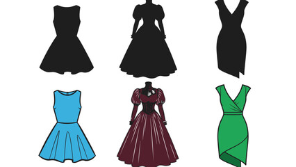 A collection of various dresses in different colors and styles on a white background