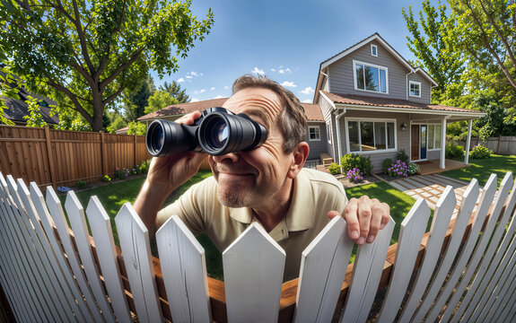 Suburban Voyeurism: Nosy Neighbor Peeking with Binoculars Over Picket Fence