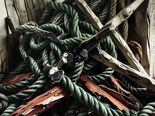Coiled Nautical Rope with Metal Tools and Weathered Wood Texture