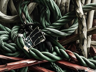 Coiled Nautical Rope with Metal Tools and Weathered Wood Texture