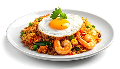 Indonesian nasi goreng fried rice with sunny side up egg and shrimp