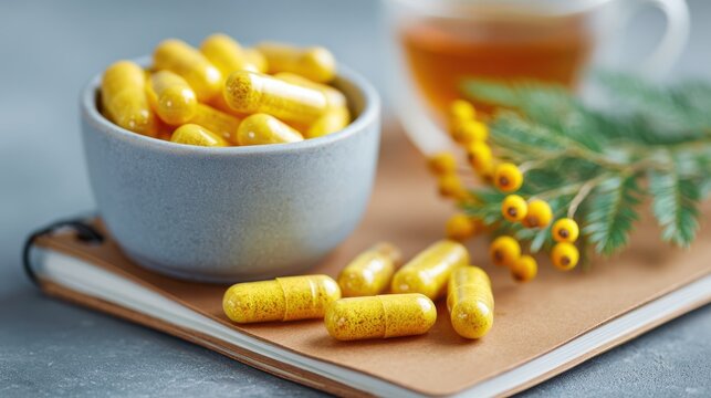 Berberine capsules in bowl with notebook and herbal tea on wooden table