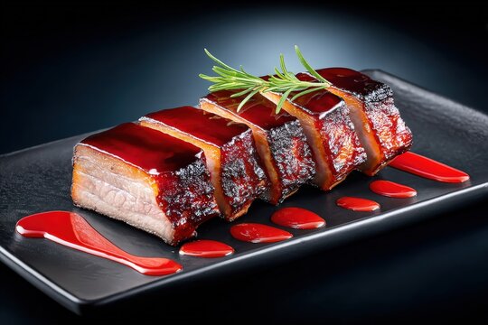 Gourmet Seared Pork Belly with Red Sauce and Fresh Herb Garnish on Black Plate