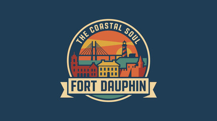 Obraz premium Retro coastal town emblem depicting a skyline, lighthouse, and bridge at sunset, evoking peaceful seaside travel