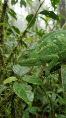 Vibrant green chameleon clings tightly to a mossy branch in misty rainforest environment