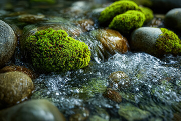 Close Up of Clear Water Flowing Over Rocks and Moss